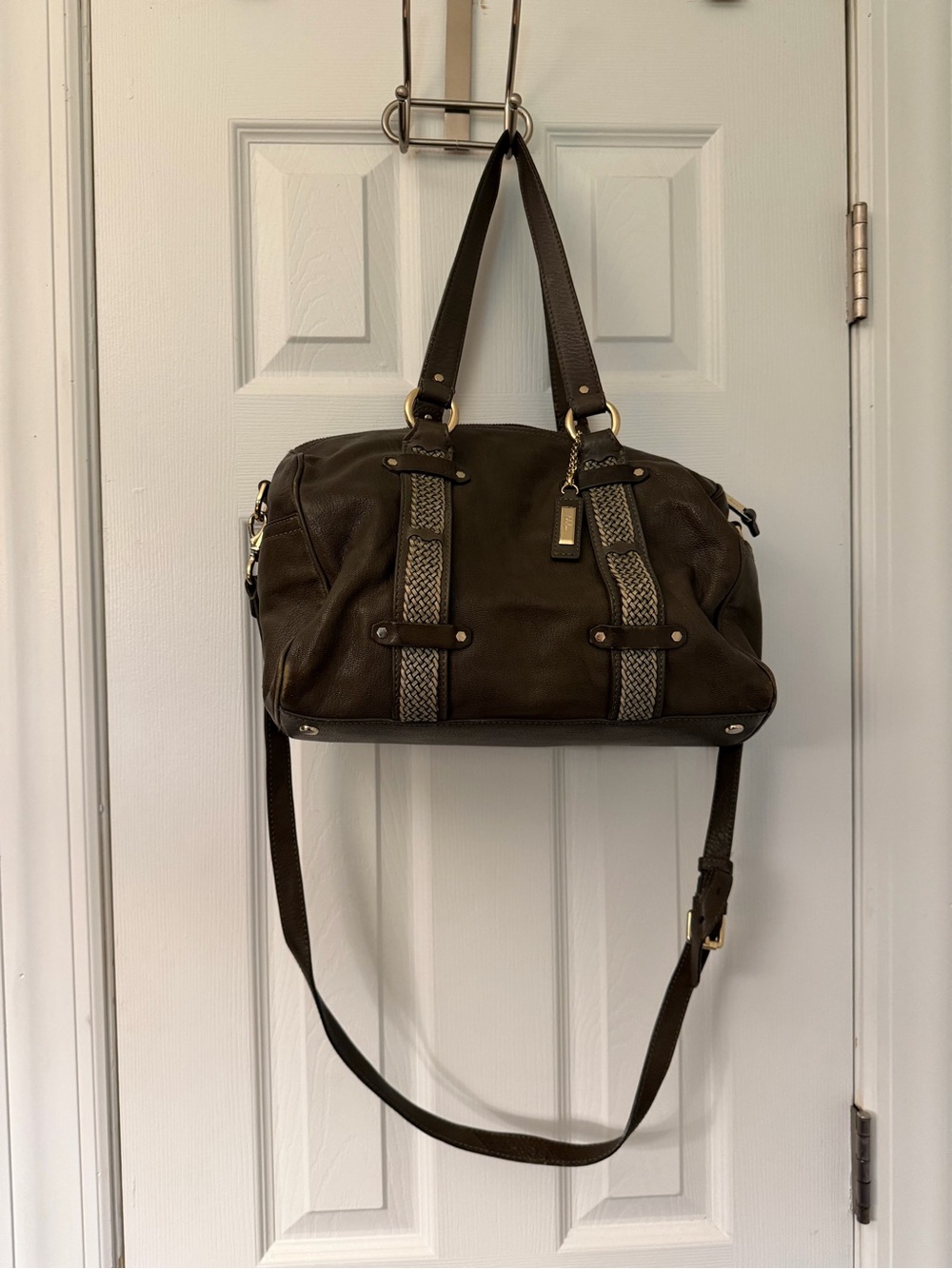 Cole Haan Brown Leather Braided-Trim Shoulder Bag